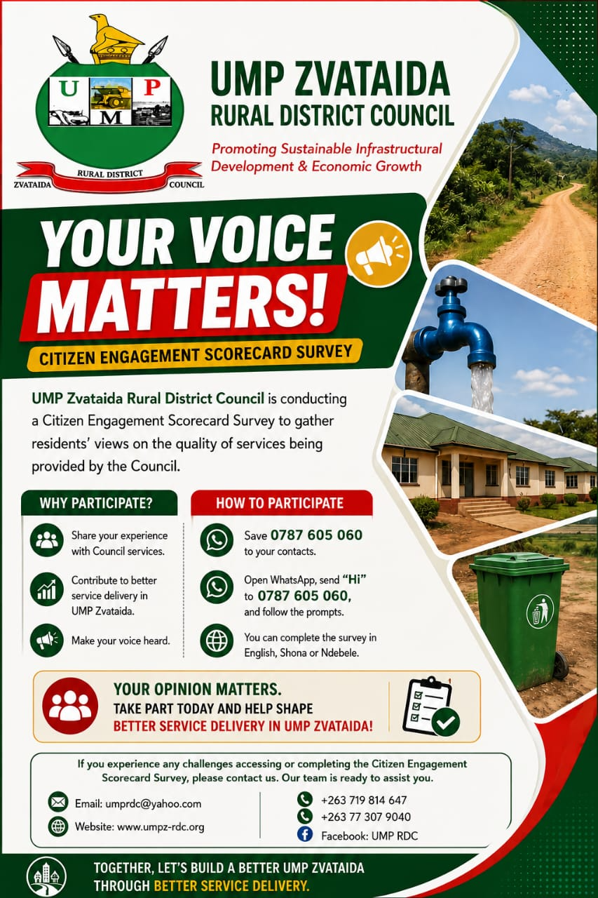 UMP Zvataida RDC Citizen Engagement Scorecard Survey flyer — send Hi on WhatsApp to 0787 605 060 to take part
