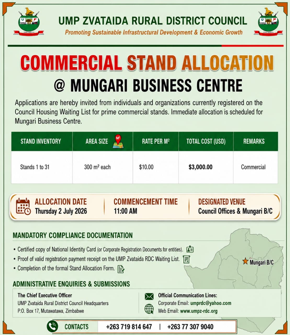 UMP Zvataida Rural District Council notice: Commercial Stand Allocation at Mungari Business Centre — stands 1 to 31, 300 m² each, US$10.00 per m², US$3,000.00 per stand, allocation Thursday 2 July 2026 at 11:00 AM.