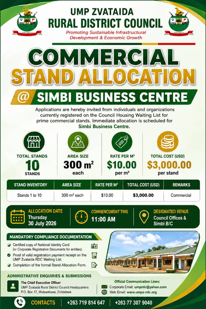 UMP Zvataida Rural District Council notice: Commercial Stand Allocation at Simbi Business Centre — 10 stands, 300 m² each, US$10.00 per m², US$3,000.00 per stand, allocation Thursday 30 July 2026 at 11:00 AM.