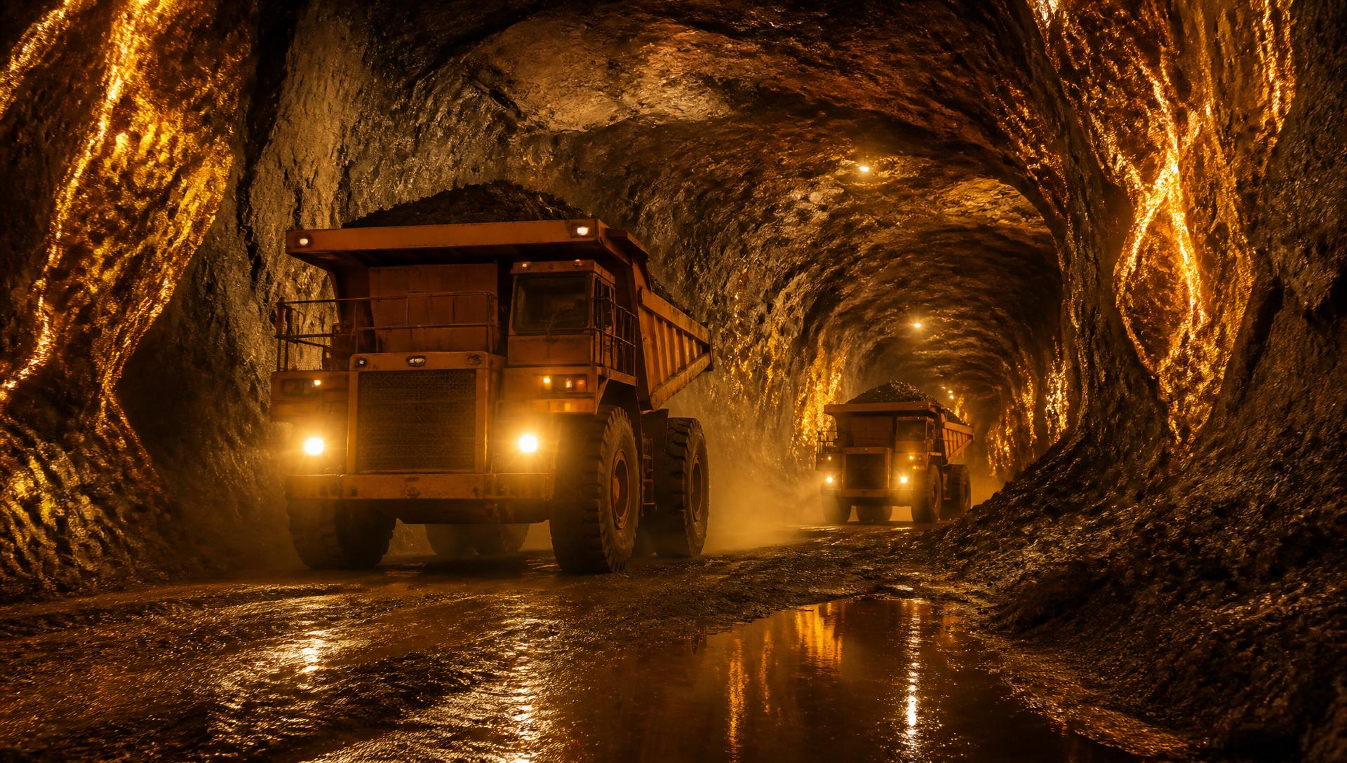 Underground mine tunnel with haul trucks in operation