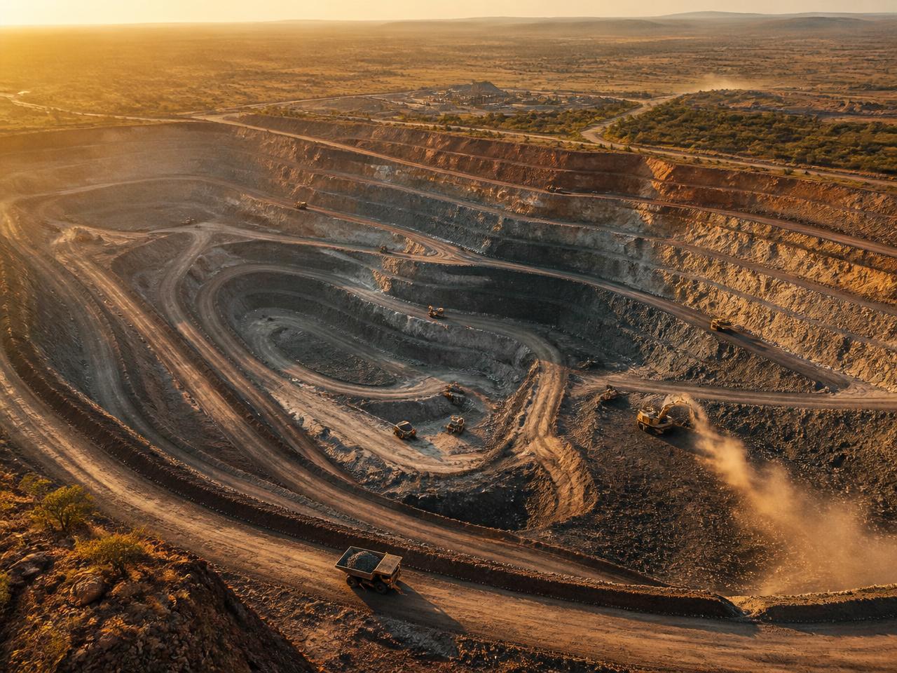 Open-pit mine with haul trucks and excavators at golden hour