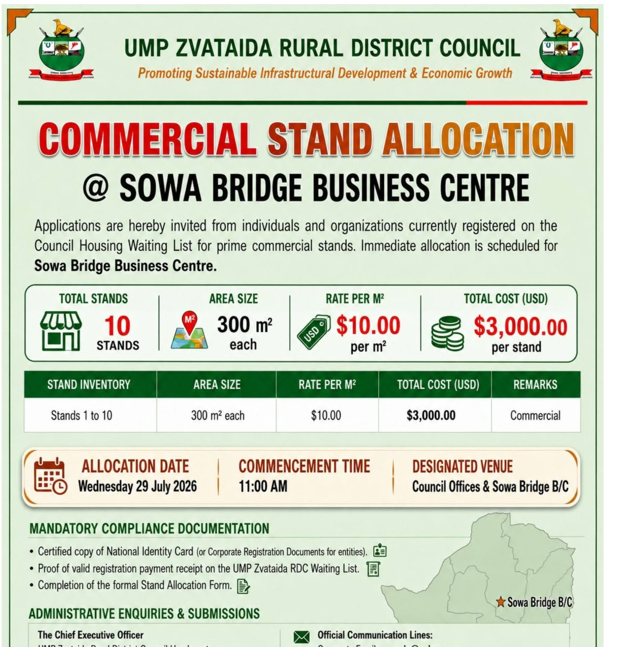 UMP Zvataida Rural District Council notice: Commercial Stand Allocation at Sowa Bridge Business Centre — 10 stands, 300 m² each, US$10.00 per m², US$3,000.00 per stand, allocation Wednesday 29 July 2026 at 11:00 AM.